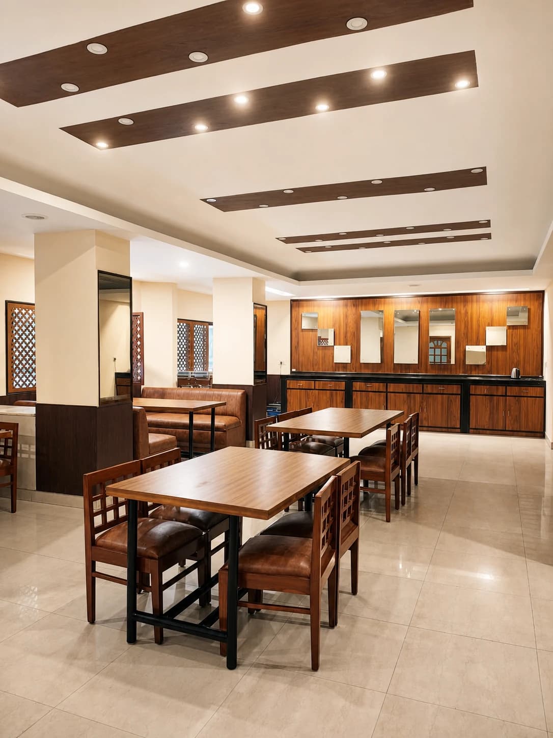 Vertical view of the restaurant interior and modern decor